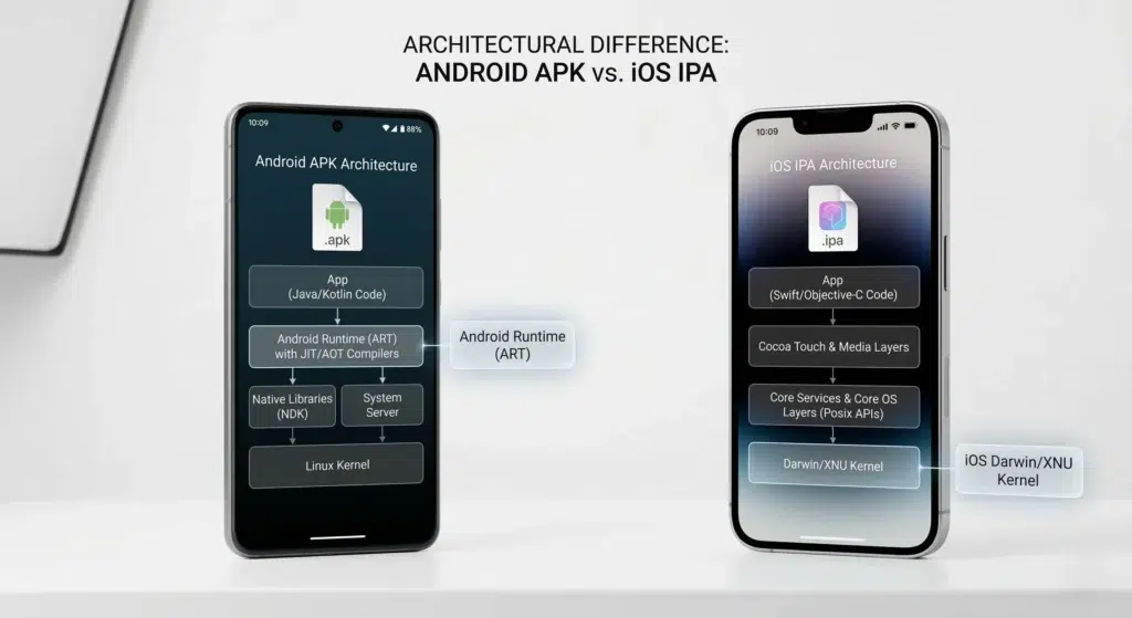 Android APK vs iOS IPA architecture comparison showing why HappyMod APK cannot run on iPhone