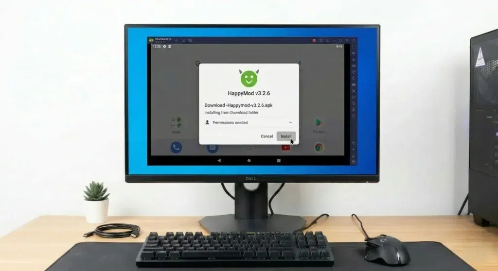 Android installation prompt inside an emulator showing the HappyMod APK being installed on a PC