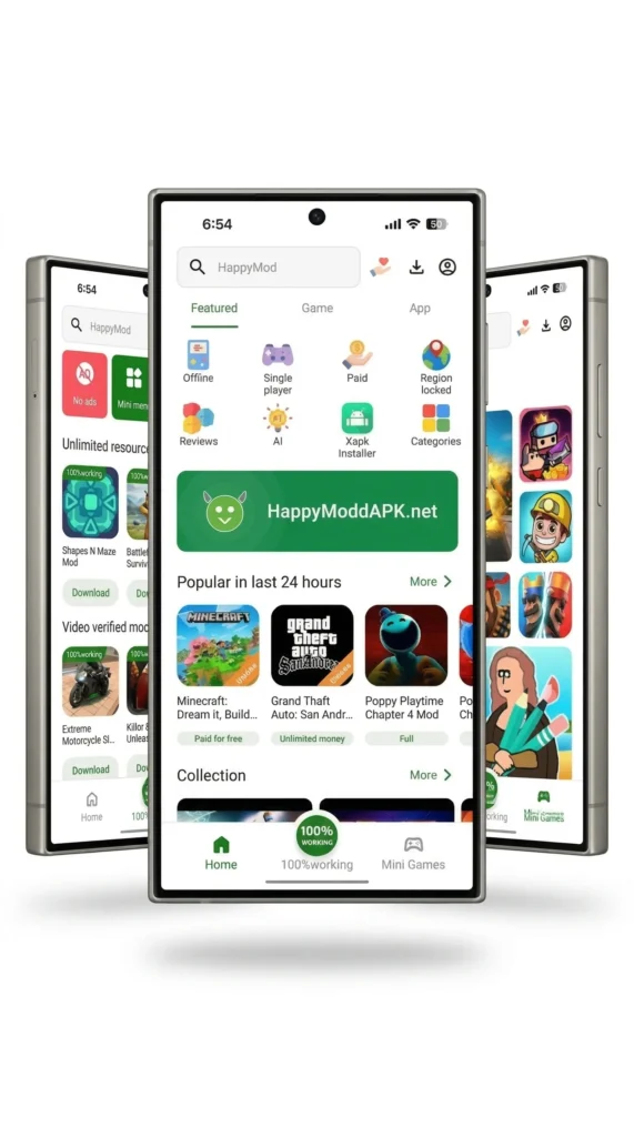 HappyMod APK mobile app interface showing internal gaming platform banners