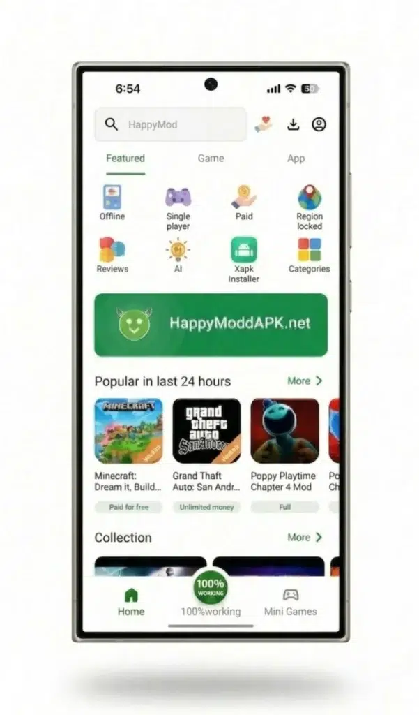 HappyMod Android app interface showing mod catalog and categories