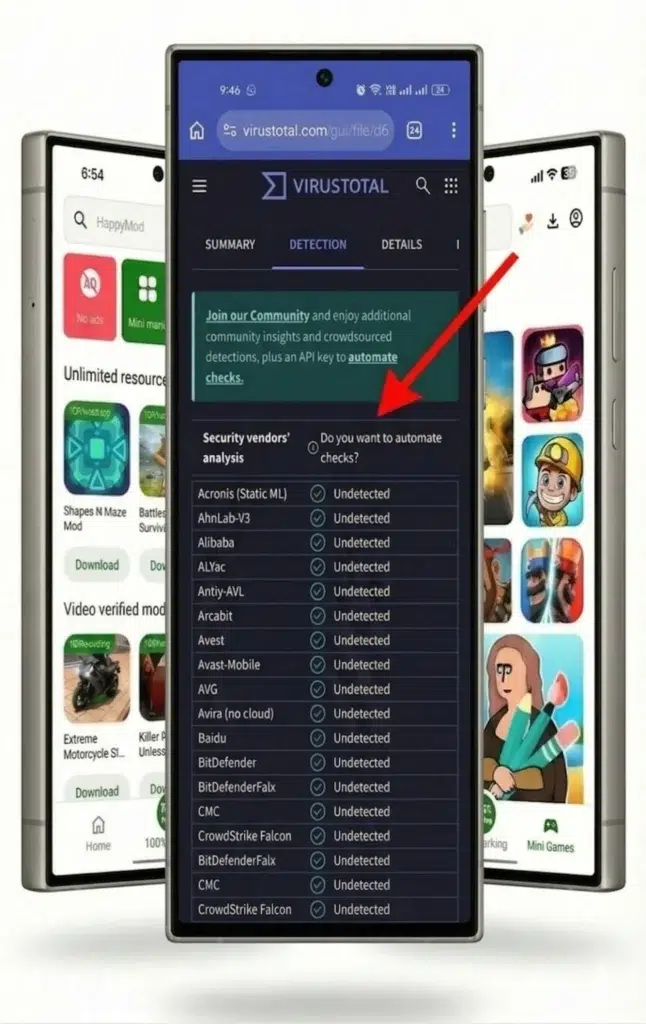 VirusTotal scan result showing HappyMod APK with zero detections