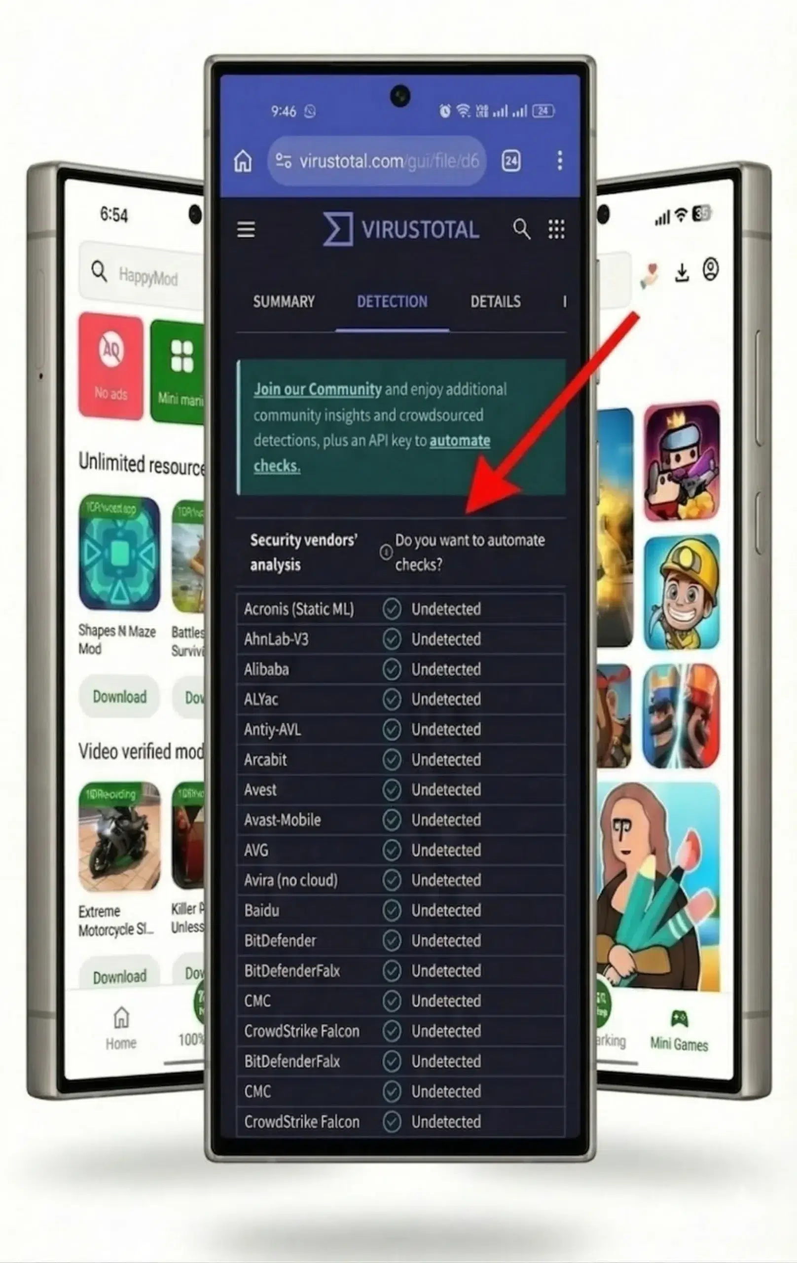 VirusTotal scan result showing HappyMod APK with zero detections