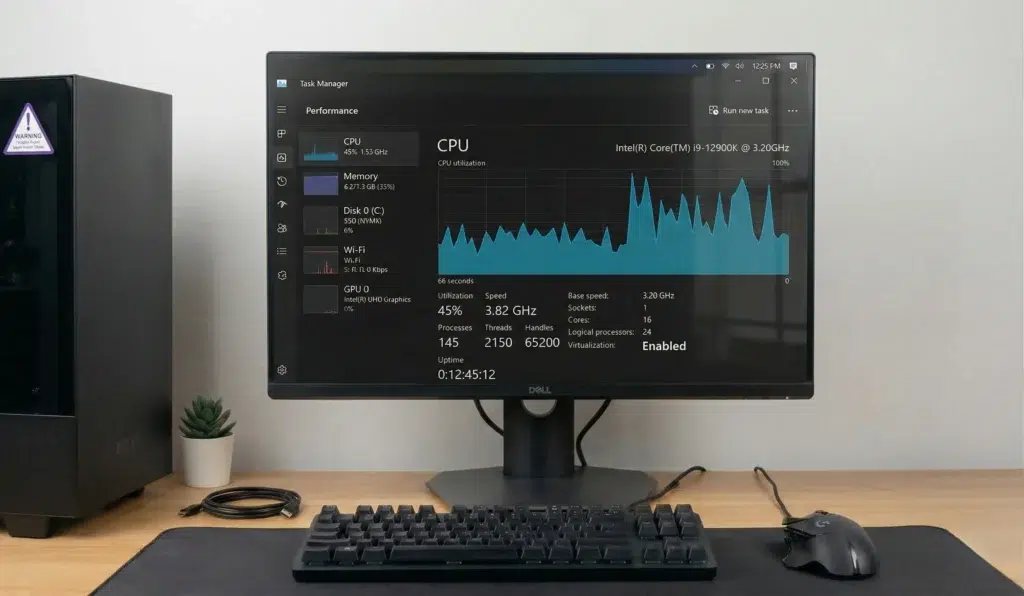 Windows Task Manager Performance tab showing CPU details with virtualization enabled on a desktop computer