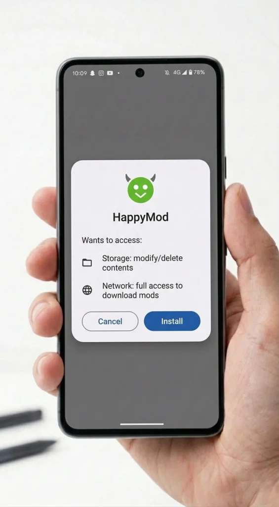 Android installation prompt showing Install and Cancel buttons for HappyMod APK