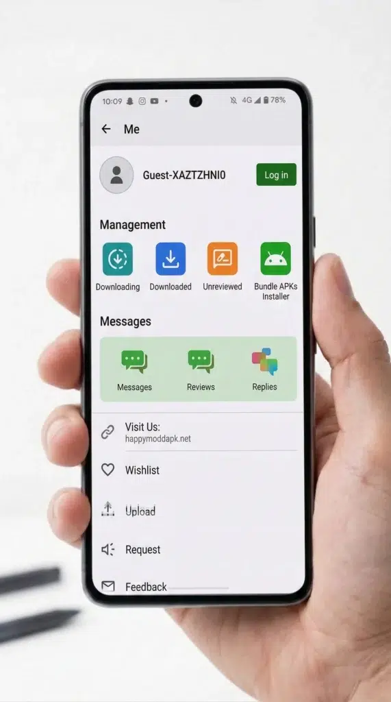 HappyMod settings page showing the currently installed app version number on an Android device.