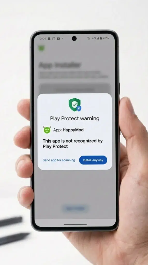 Google Play Protect warning screen showing Install anyway option during HappyMod APK installation