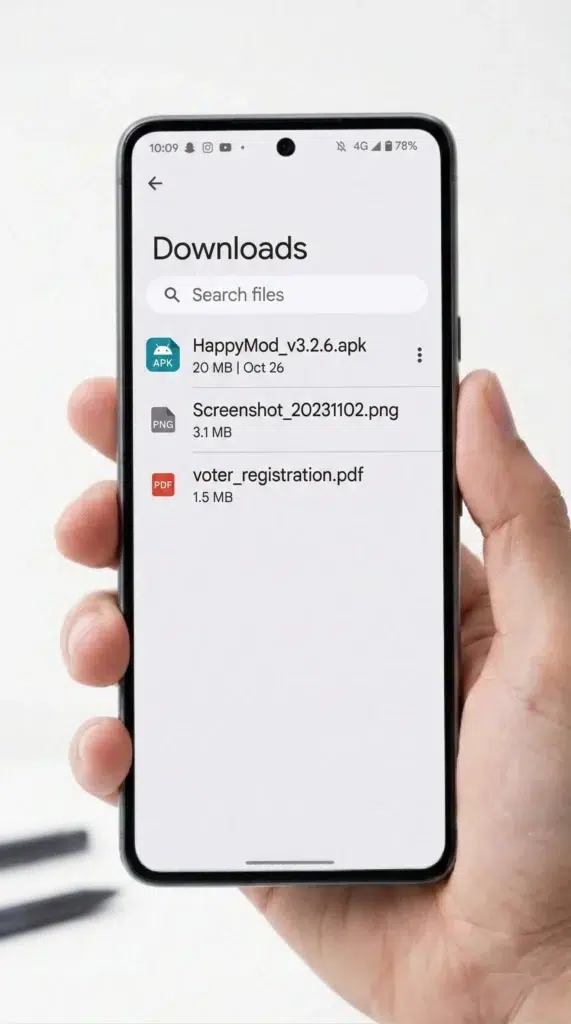 HappyMod v3.2.6 APK file located in Android Downloads folder before installation