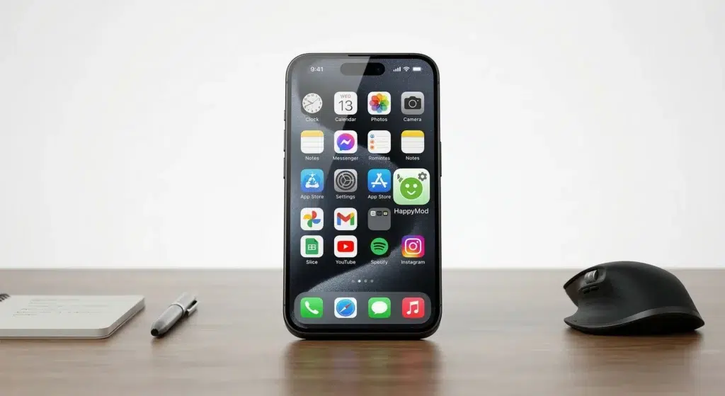 iPhone home screen showing fake HappyMod web clip shortcut instead of real iOS app