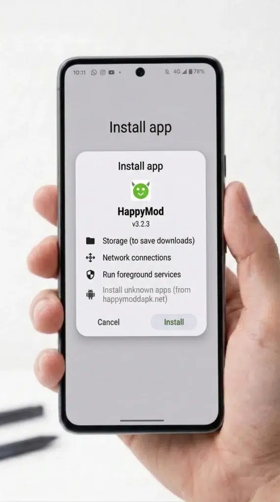 Android installation prompt for installing an older HappyMod APK version during a rollback.