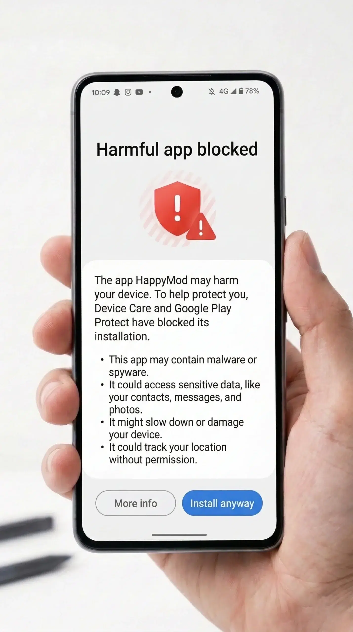 Samsung One UI harmful app blocked warning during HappyMod APK installation on Galaxy device