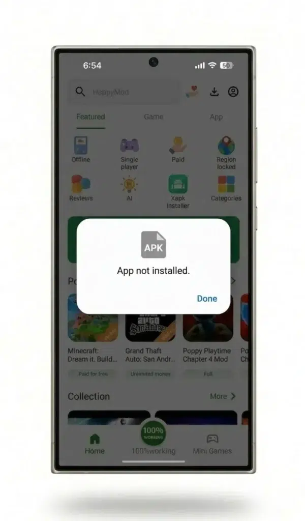 A closeup of a smartphone screen showing the HappyMod app. The background interface is slightly dimmed, and centered on the screen is a standard white Android system dialog box with rounded corners. The dialog shows a generic gray APK icon and clear black text reading 'App not installed,' with a standard blue 'Done' button at the bottom right.