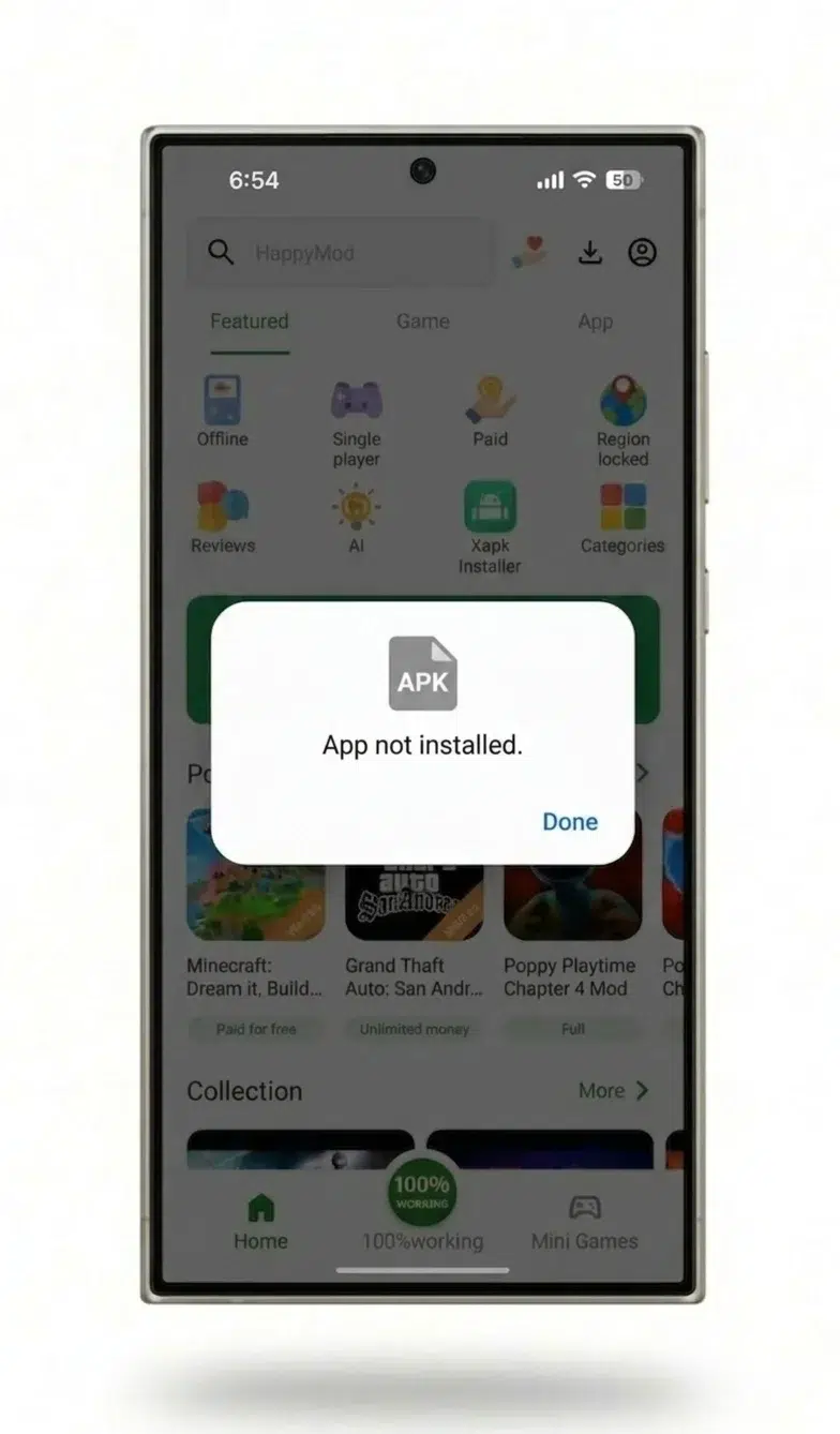 A closeup of a smartphone screen showing the HappyMod app. The background interface is slightly dimmed, and centered on the screen is a standard white Android system dialog box with rounded corners. The dialog shows a generic gray APK icon and clear black text reading 'App not installed,' with a standard blue 'Done' button at the bottom right.