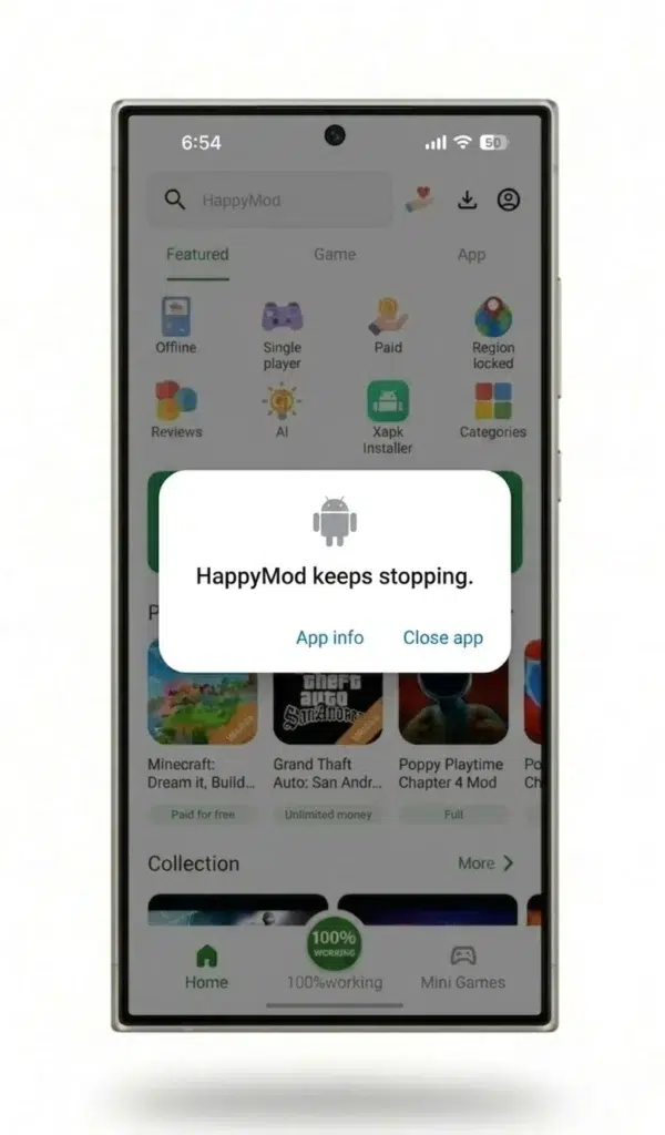 A closeup of the HappyMod app on a smartphone screen. The underlying interface (green banner, app list) is dimmed. Centered on the screen is a standard white Android system dialog box displaying a generic icon and black text reading: 'HappyMod keeps stopping,' with blue 'App info' and 'Close app' buttons at the bottom right. The smartphone frame is preserved.