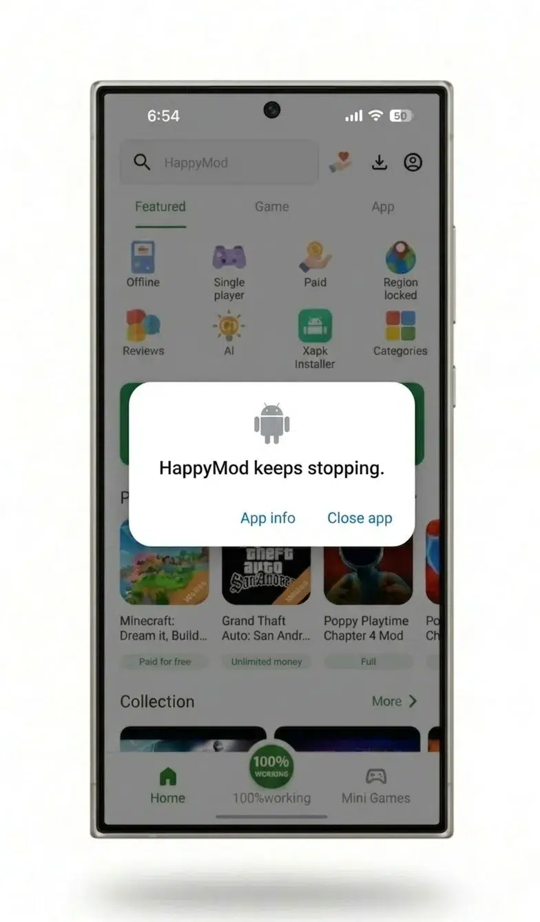 Android System Dialog Showing HappyMod Force Close Error