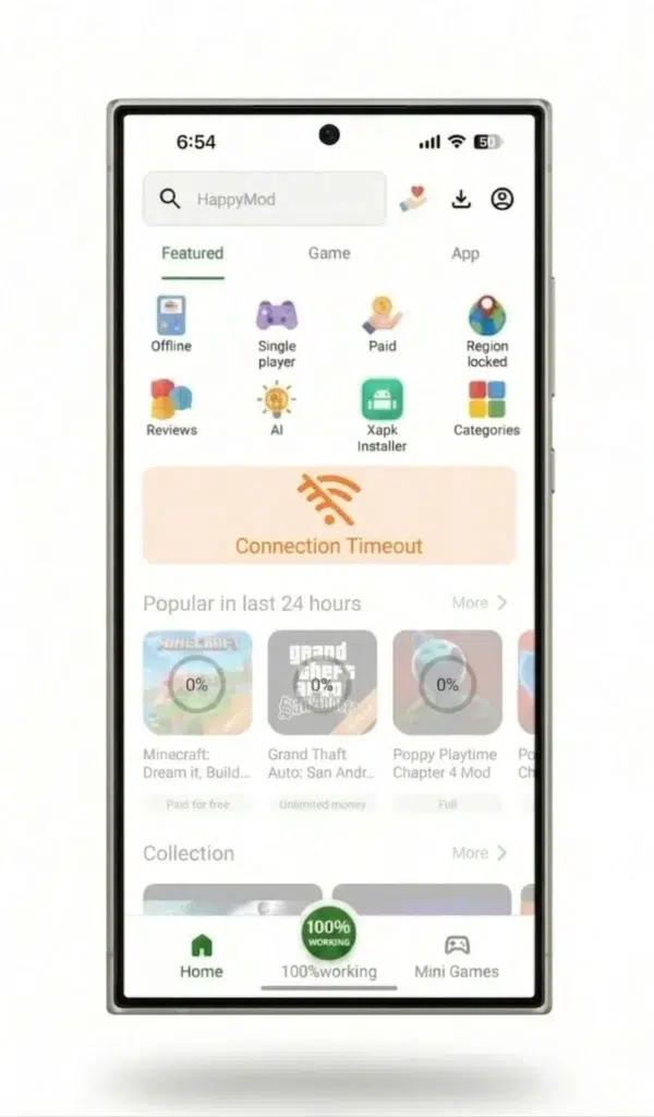 A closeup of the HappyMod app interface on a smartphone screen. The main central banner is a muted grey, displaying a disconnected Wi-Fi icon and the text 'Connection Timeout.' Below, the app thumbnails for Minecraft and GTA are faded and grayed out, each overlaid with a prominent circular loading spinner showing '0%' stalled progress. The main UI layout remains unchanged.