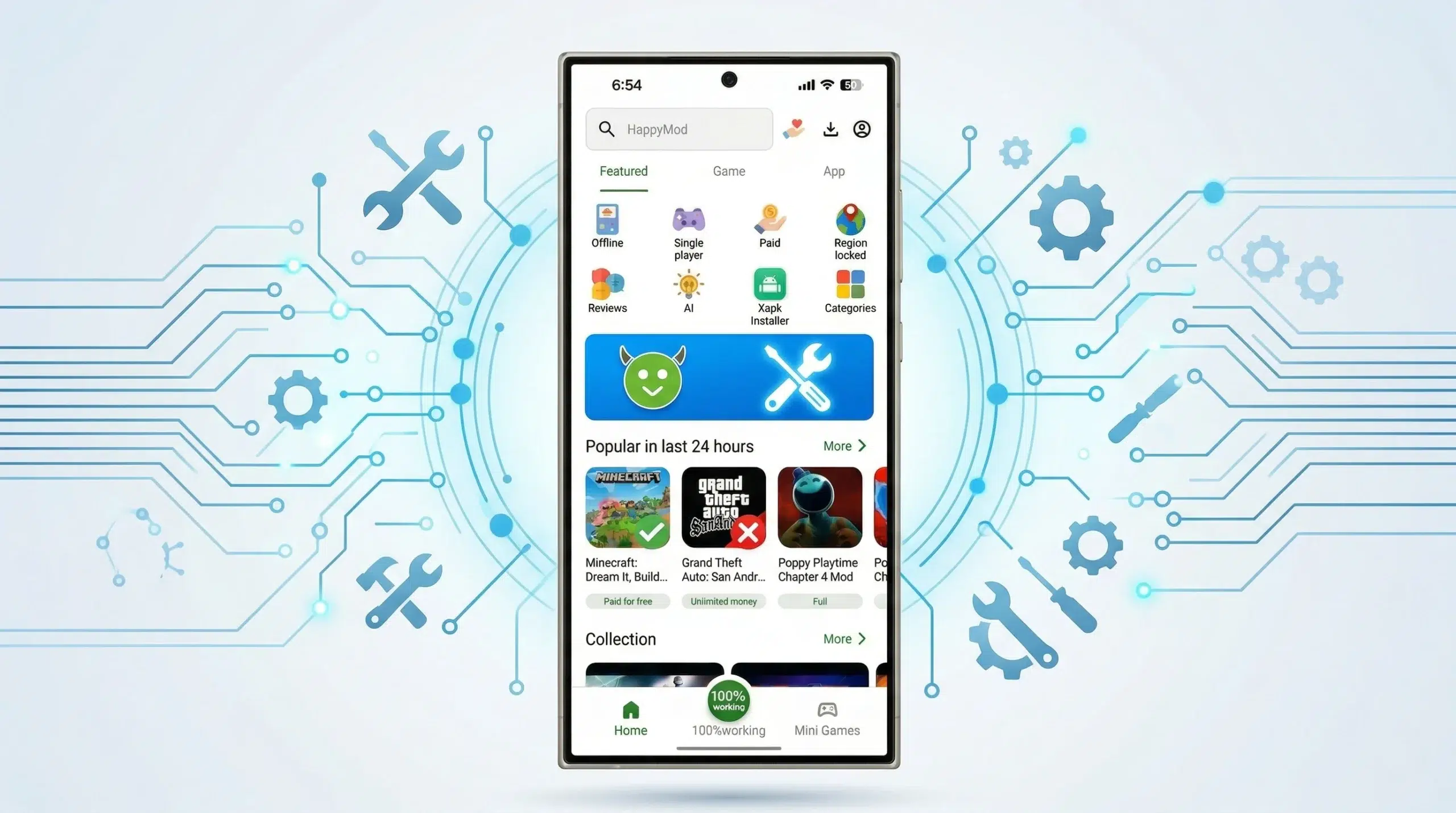 A smartphone screen displaying the HappyMod interface. The main central advertising banner is a deep diagnostic blue, featuring a glowing white wrench-and-gear icon with the text 'System Diagnostics Tool,' replacing the original website address. All other interface elements, including the search bar and app thumbnails, remain visible, framed on a softly lit background.