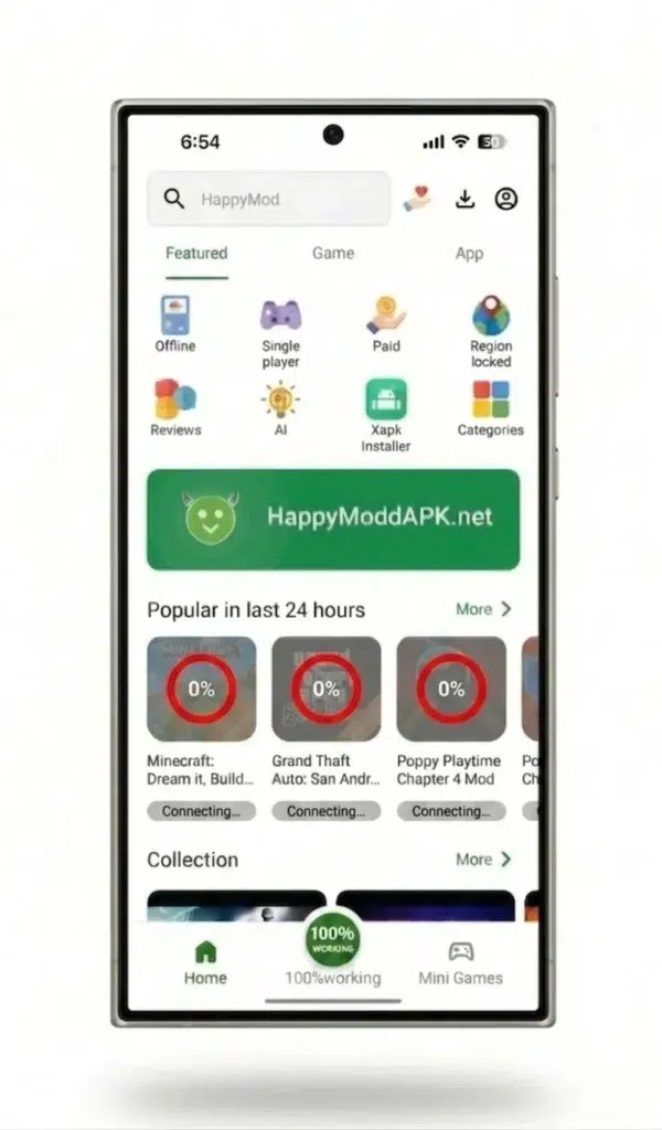 A closeup of the HappyMod app on a smartphone screen. The three game thumbnails under 'Popular in last 24 hours' are faded and desaturated. Overlaid directly on top of each faded app icon is a bold, stationary circular progress indicator reading '0%'. The layout of the surrounding app interface remains unchanged.