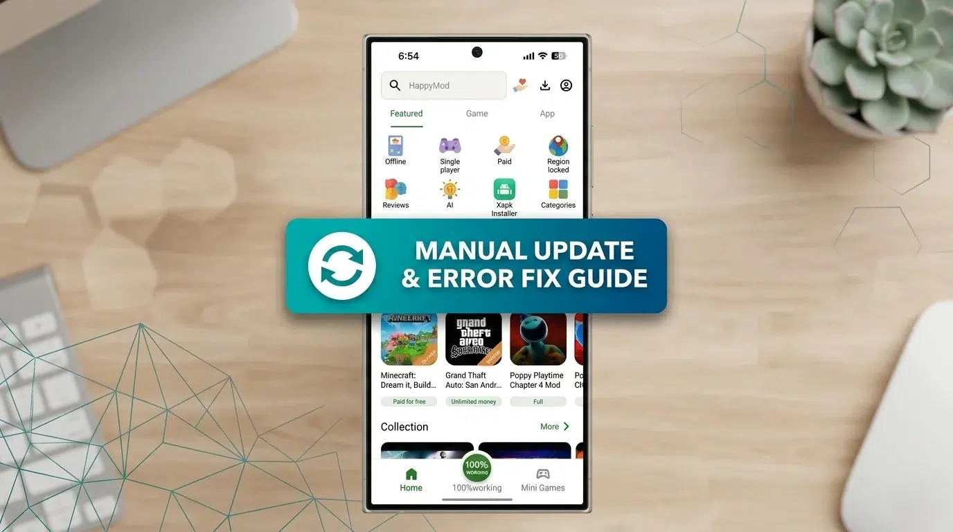 A professional 16:9 graphic featuring a smartphone displaying the HappyMod app. The central banner is a teal and deep blue gradient with a circular sync icon and white text reading 'MANUAL UPDATE & ERROR FIX GUIDE'. The standard app interface, including the search bar, categories, and game thumbnails, remains fully visible.