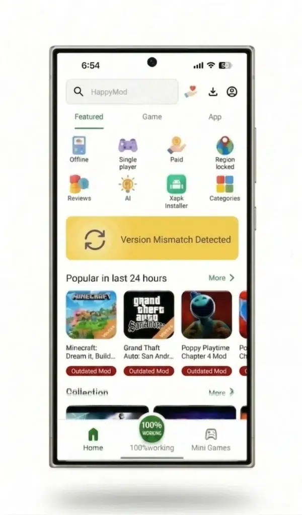 A view of the HappyMod app on a smartphone screen. The central banner is yellow with a caution symbol and the text 'Version Mismatch Detected.' The app thumbnails for Minecraft and GTA remain visible, but the small pill-shaped tag buttons beneath them are now red and clearly display the white text 'Outdated Mod,' replacing the original green 'Unlimited money' tags. The standard interface layout is preserved.