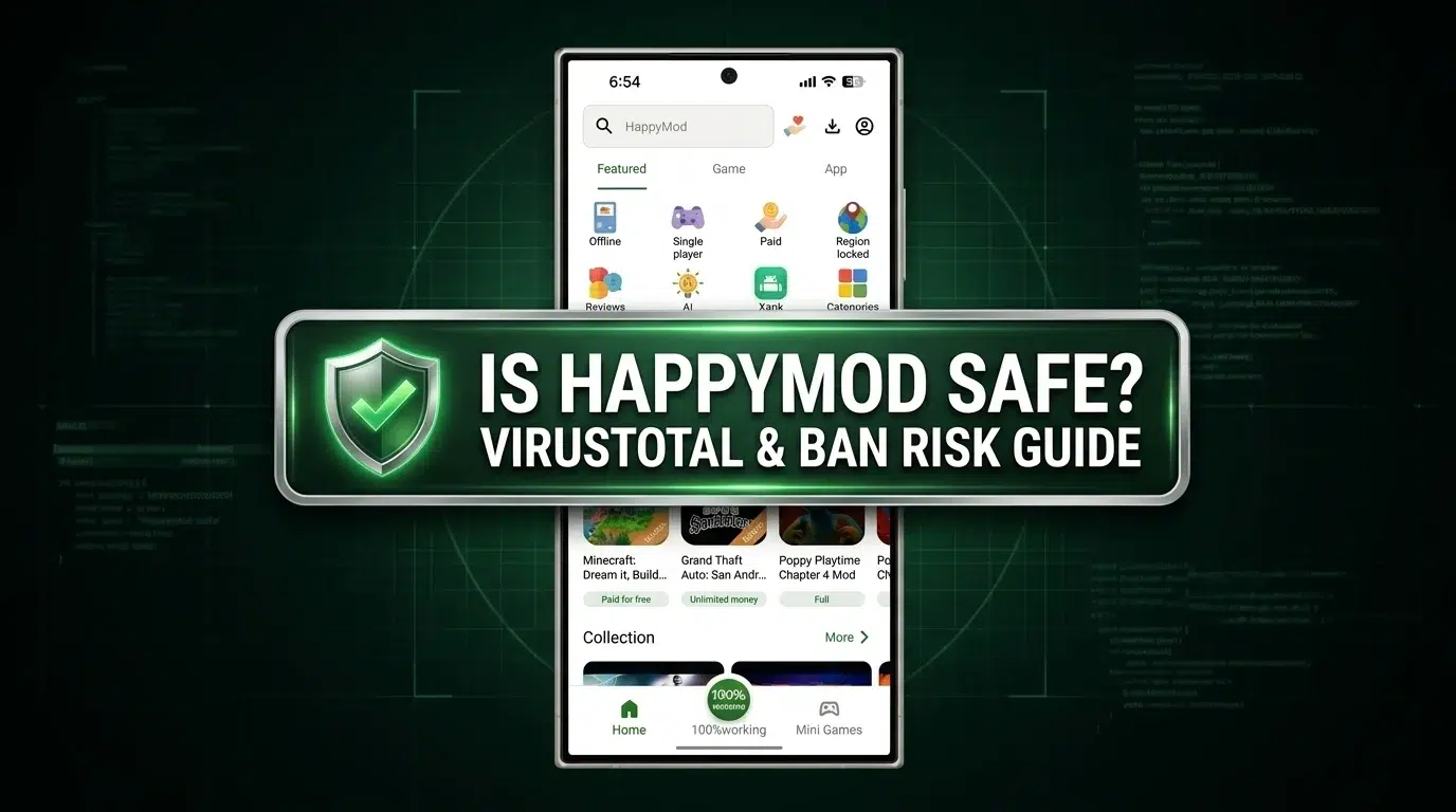 A professional graphic showing a smartphone displaying the HappyMod app over a dark green cyber-security grid background. The central app banner features a glowing green shield icon and bold text reading 'IS HAPPYMOD SAFE? VIRUSTOTAL & BAN RISK GUIDE'.