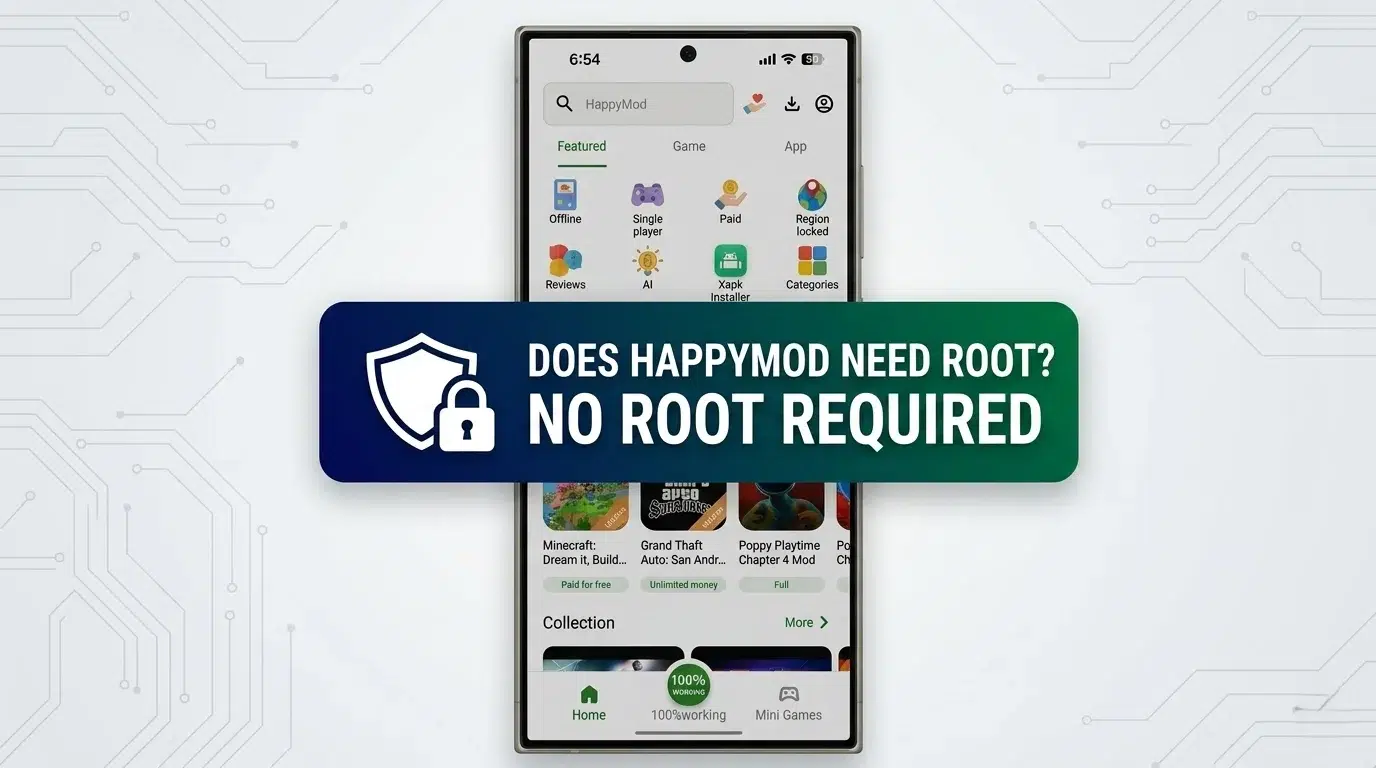 Featuring a smartphone displaying the HappyMod app interface. The main banner is styled in dark blue and green with a shield icon and bold text that reads 'DOES HAPPYMOD NEED ROOT? NO ROOT REQUIRED'. All other standard app UI elements are preserved.